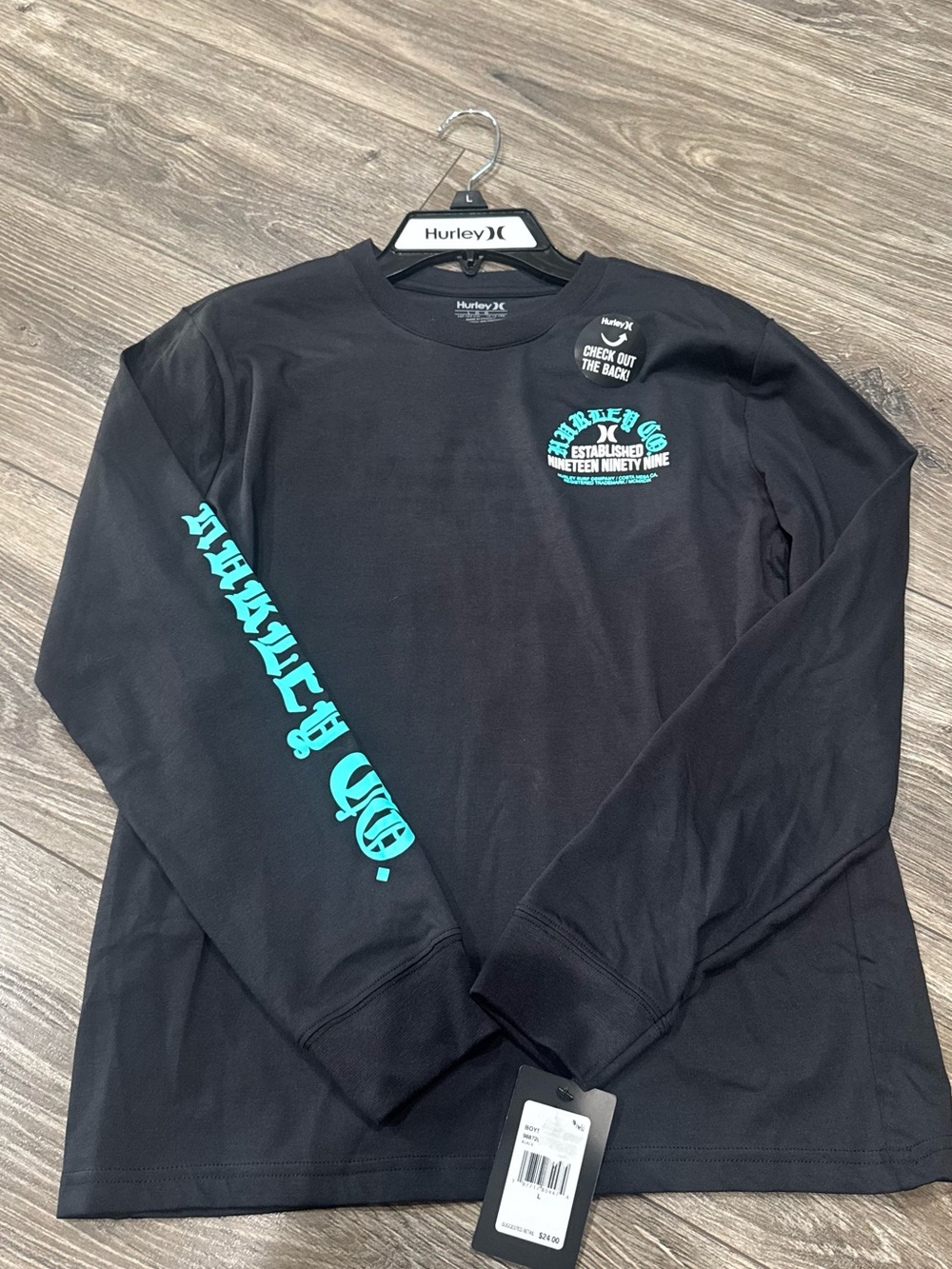 NWT Boys Hurley Black Long-Sleeve Tee with Teal Graphic